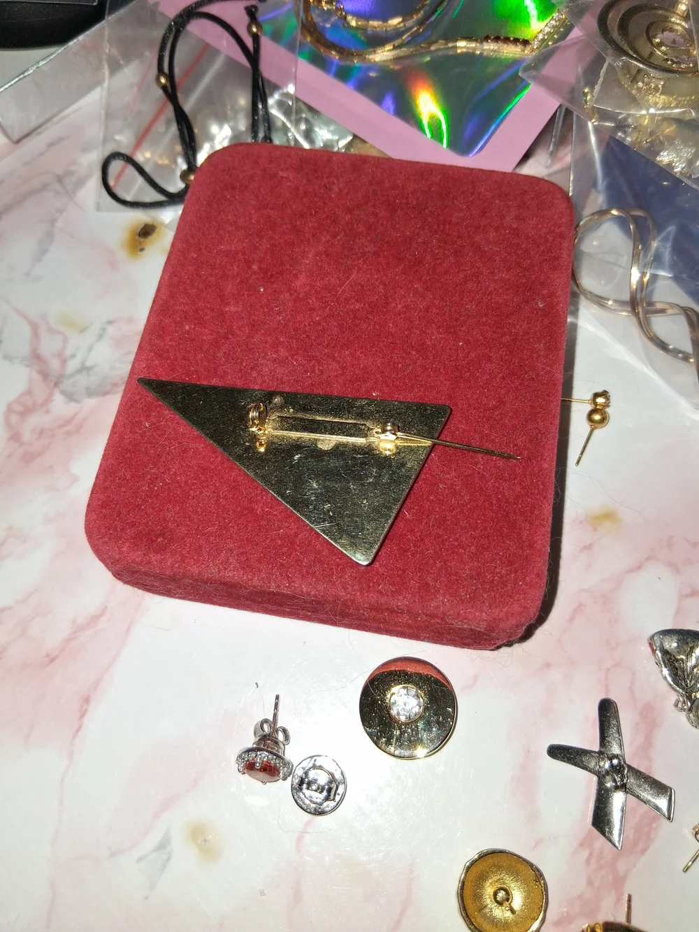 Source Unknown Black Triangle Brooch with Brown Accents